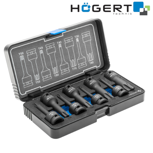 HT6R002 Վեցանկյուն հարվածային գլխիկներ, 8 հատ՝ T30, T40, T45, T50, T55, T60, T70, T80, 1/2″, CrMo